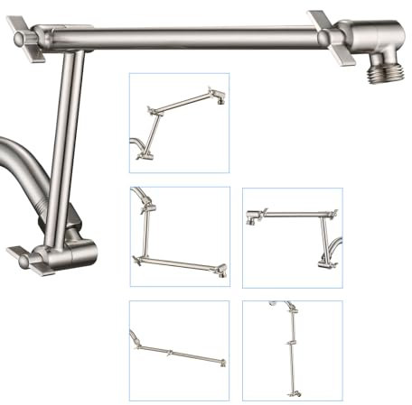 PDPBath Messing 40,6 cm Duschkopf-Verlängerungsarm, Upgrade Flexible Höhe & Winkel verstellbare Duscharmverlängerung mit Verriegelungsgelenken, für festen Duschkopf & Handbrause, gebürstetes Nickel