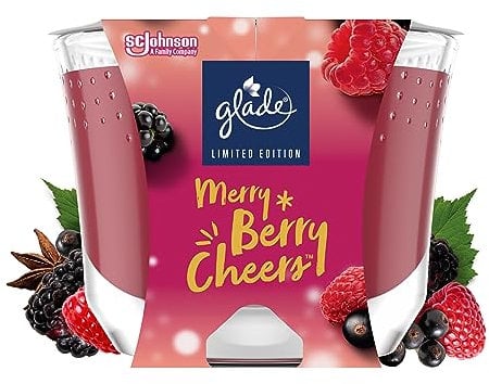 Glade (Brise) Langanhaltende Duftkerze im Glas, Merry Berry Cheers, bis zu 30 Stunden Brenndauer, 4er Pack (4x224 g)