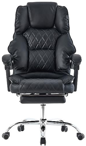 Trisens Bürostuhl mit Fußstütze und flexiblen 3-Punkt-Armlehnen - Schreibtischstuhl in Lederoptik mit Chrom-Base - ergonomischer Bürostuhl mit Verstellbarer Rückenlehne, Farbe:Schwarz