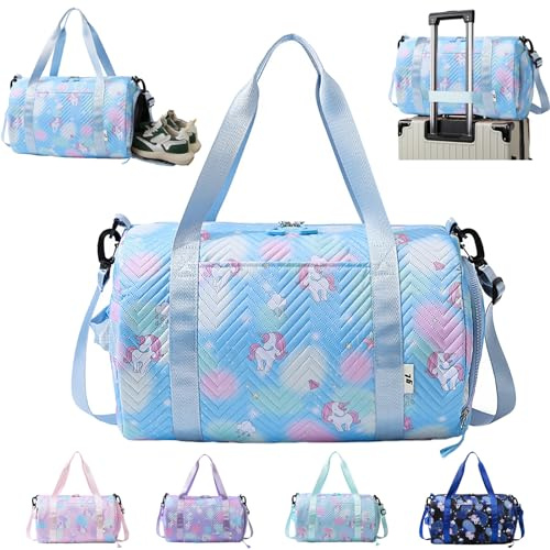 YOUYIKE Sporttasche Mädchen, Einhorn Yogatasche, Reisetasche Kinder, Schwimmtasche, Wasserdicht Turnbeutel, Gym Bag, Sportrucksack, Trainingstasche mit Schuhfach & Nassfach, Blau