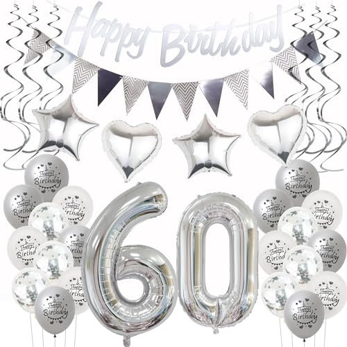 Silber Geburtstagsdeko 60 Jahre Frauen Mann,ballon 60 Geburtstag Frauen Deko, Luftballons 60. Geburtstag Dekoration Frau silber ,Party Deko 60. Geburtstag Männer 60 Jahre Frau Geburtstagsdeko