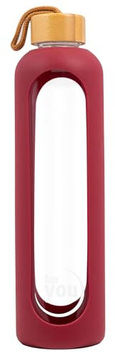 for you Nachhaltige Trinkflasche red berry | 1000ml aus Glas mit Silikonhülle und spülmaschinenfest | 1Liter Auslaufsichere Wasserflasche mit Bambusdeckel | 100% BPA frei | geeignet von -20°C – 150°C