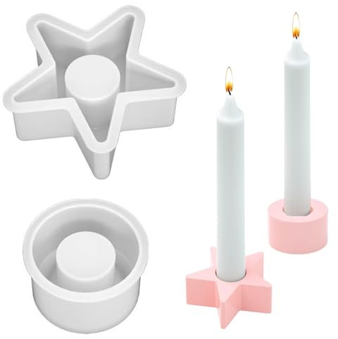 Silikonform Kerzenhalter, 2 Stück Silikonformen Sterne und Rund, Silikonform Weihnachten, DIY Silikon Kerzenformen, Harz Epoxid Stabkerzenhalter Silikonform für DIY Kerzenständer