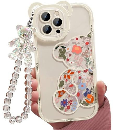 Jusy Compatible with iPhone 15 Pro Max Case, Cute Flowers Floral Bear Cover with Beautiful Wrist Strap Bracelet Chain for Girls Women, Clear Kawaii Camera Protection, Pretty Trendy Phone Case