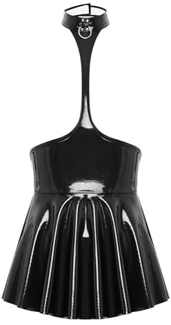 TiaoBug Damen Wetlook Kleid in Lederoptik mit Reisverschluss glänzend Lack Leder Corsage Top Mini Partykleid Punk Gothic Kostüm Clubwear S-XXL Schwarz A S