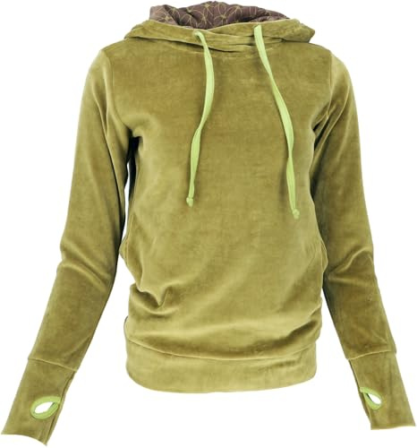 GURU SHOP Nicki-Kapuzenpullover, weicher Hoodie, Boho Samt Sweatshirt | Weicher Samtpulli, locker fallend, breiter Saum, Daumenlöcher, Kapuze mit Baumwollfutter, seitliche Taschen