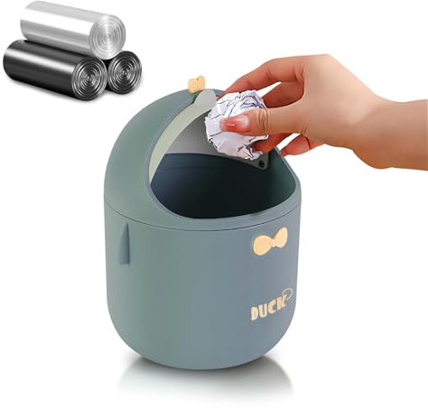 QLFJ-FurDec Small Wastebasket Bin with Lid, Pink Cute Kawaii Office Desk Bins and 3 Rolls Bin Liners, Cartoon Rabbit Tea Bag Dustbin 15.5 * 14 * 23.5cm for Home,Vanity Tabletop, Bedroom (Duck-Green)