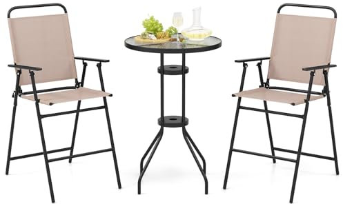 COSTWAY Salon de Jardin 3 PCS pour Patio Cadre Métallique avec Table Basse en Verre Trempé, Ensemble de 2 Chaises Pliantes et Table avec Trou pour Parasol de 4 cm pour Porche Cour
