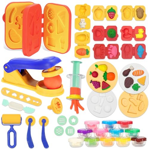 Crelloci Kitchen Creations Dough Tools Set, 39Pcs Cooking Book Play Color Dough Accessories with Extruder, Roller, Cutter, Burger Molds, Kit for Kids Aged 3+ (12 Colors)