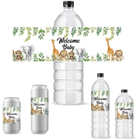 PH PandaHall 30 etiquetas para botellas de agua para baby shower, calcomanías verdes para botellas decorativas con patrones de bienvenida de animales, envolturas impermeables para botellas para