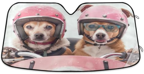 Parasol para coche, dos perros divertidos, conduciendo motocicleta, acordeón, plegable, parasol para parabrisas delantero, reflector solar, bloquea los rayos UV y mantiene tu vehículo fresco, 53 x