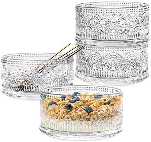 Quyimy Glass Bowl 4 Pack Ice Cream Bowls, 15.5 Ounce Glass Serving Bowl Dessert Bowls Set Dessert Fruit Parfait Cups for Sundae with Gold Spoon