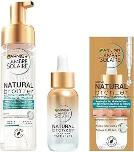 Garnier Ambre Solaire Kit mit Selbstbräunungstropfen, Natural Bronzer, und Selbstbräunungsschaum, Gesicht und Körper, Natural Bronzer, gebräunte und feuchtigkeitsspendende Haut, 30 ml + 200 ml
