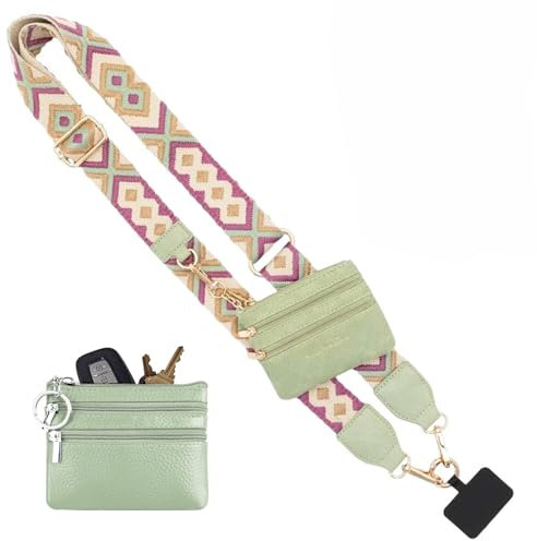 SEAHUI Phone Strap with Zippered Pouch, Clip and Go Crossbody, Phone Chain Purse Badge Holder Wallet (Green)