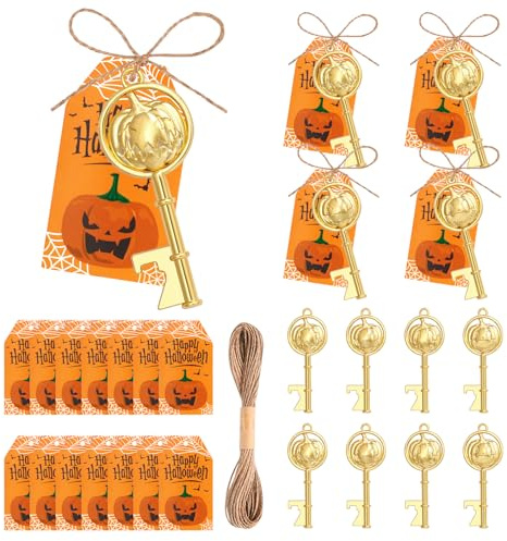 24Pcs Halloween Beer Bottle Opener Bulk Halloween Party Favors 4 Types Pumpkin Expression Bottle Openers Keychains Decoration with Cards and Ropes, for Home Decor Indoor Party Supplies Festival Gift