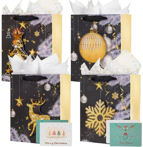 Geschenktüten Weihnachten, 4 Stück Weihnachtstüten Geschenktüte mit Henkel, Geschenk Tüte mit Karten, Papiertüten Geschenktasche für Weihnachts Geschenk,Weihnachtsfeier, Klein