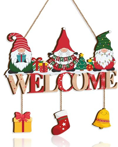 ANHUIB Panneau de Bienvenue de Noël,Décoration à Suspendre Noël Plaque en Bois “Welcome”,Plaque de Porte de Noël en Bois,Signe de Bienvenue de Noël,Nain de Noël pour Porte Mur Fenêtre Vitrine Decor