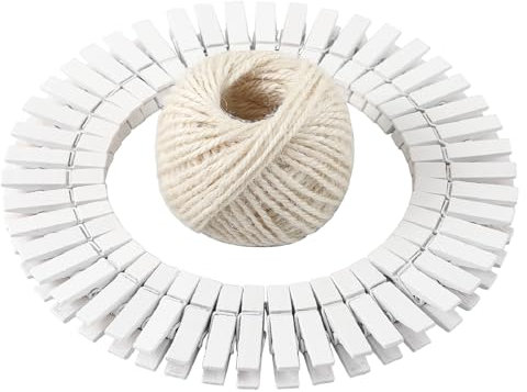 GZXUNFA Confezione da 100 mini mollette colorate in legno (bianco) lunghe circa 3,5 cm con corda di iuta bianca da 28 m