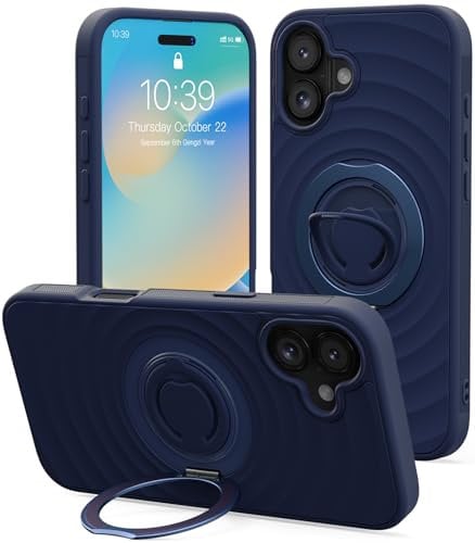 Mowei Compatible with iPhone 16 Case, Magnetic Dual 360° Comfort Ring Grip Holder Stand, Military-Grade Drop Protection with Built in Kickstand, Anti-Slip Edge-Steel Blue