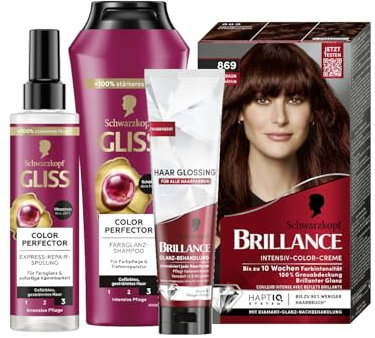 Brillance Intensiv-Color-Creme 869 Kastanienbraun (170 ml) & Glanz-Behandlung Haar, Glossing Neutral (150 ml) & Gliss Shampoo (250 ml) & Express-Repair-Spülung Colour Perfector (200 ml)