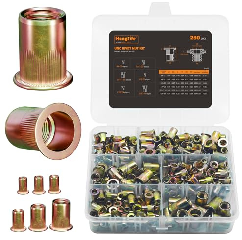 HANGLIFE Assortiment d'écrous à rivets (250 pièces) – UNC SAE – Comprend des écrous à tête plate #6-32, #8-32, #10-24, 1/4-20, 5/16-18, 3/8-16, acier au carbone zingué