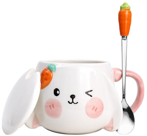 Ayeelamb Tasse, Tasse a the, Mug lapin, Tasse en céramique, Mug à lait, Cuillère en acier inoxydable, 420 ml, Tasse à thé avec couvercle et cuillère, cadeaux pour femmes meilleure amie (YZY002)