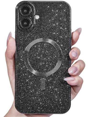 Svanove für iPhone 16 Hülle Magsafe Glitzer mit Kameraschutz, Dünn Bunt Silikon Handyhülle Mädchen Handy Hülle Magnetisch Induktives Laden, Bling Sterne Weich TPU Slim Case Schutzhülle Frauen, Schwarz