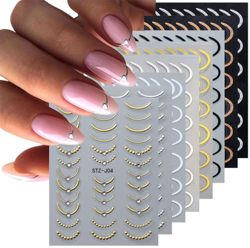 LunarCharm 8 Blatt French Line Nagelsticker, 3D Sticker für Nail Art Gold Silber Weiß Linien Klebebänder Streifen Wirbel mit Diamant Nageldesign Gebogene