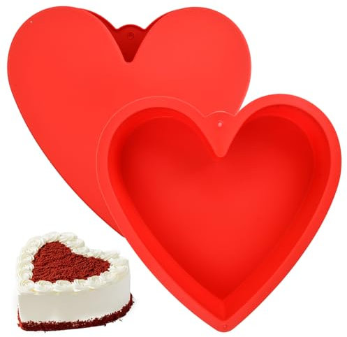 volumoon 2 Stück Silikon Backform Herz, Rot Herz Kuchenform 26cm, Antihaft Herzform Backform, Kuchenformen Herz Groß, Silikonform Backen, Herzbackform Silikon, Tortenbodenform für Herzkuchen, Pudding