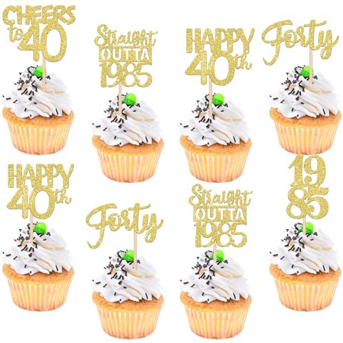 SYKYCTCY 30 Pack 40th Birthday Cupcake Toppers Happy 40th Straight Outta 1985 Forty Awesome Since 1985 Cupcake Picks 40 Fabulous Cake Decorations for 40th Birthday Anniversary Party Gold