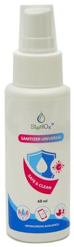 SterilOx 60 ml - Antiseptisches Kosmetikspray - für Hände, Spielzeug, Geschirr, Gegenstände/Sicher für Kinder und Haustiere/Alkoholfrei/Parfümfrei/mit Hypochlorsäure (HOCl)