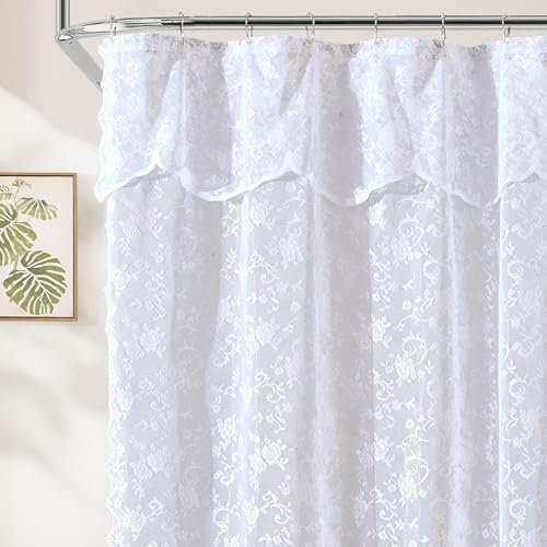 HLC.ME Harper Rideau de Douche en Dentelle pour Salle de Bain avec Motif Floral et cantonnière attachée – Style Victorien Classique élégant (Blanc, 183 x 213 cm)