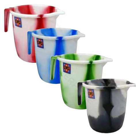4 x 1.5L Litre Plastic Water Jug with Handle and Spout Kitchen Plastic Mugs for Bathroom, Hair Washing Jug (Assorted Colours)