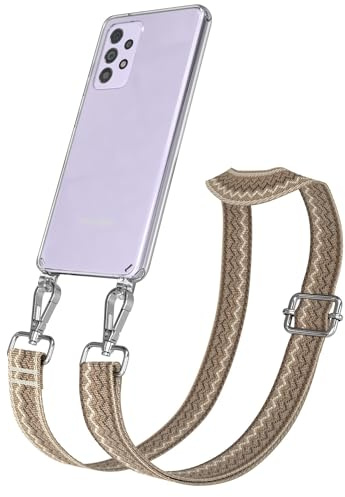 EAZY CASE Handykette - Verstellbares Taschenband kompatibel mit Galaxy A52, Schulterriemen, Handykordel mit Silikon Hülle, Umhängetasche, Hell Braun Braun Silber