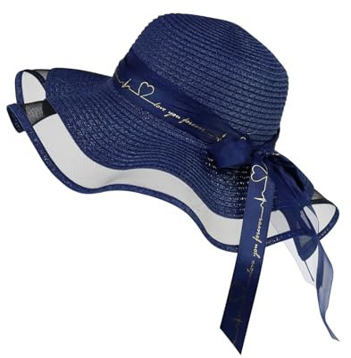 FuninCrea Ladies Sun Hat Wide Brim Straw Hat UPF 50+ Floppy Foldable Summer Hats UV Protection with Elastic Rope and Sweat Band, Beach Hats with Bow for Outdoor (Straw, Blue)