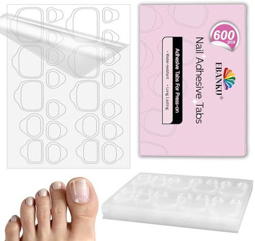 600PCS ToeNail Sticky Tabs for Press On Nails, EBANKU Waterproof & Ultra Thin ToeNail Glue Stickers Transparent Nail Adhesive Tabs in 12 Sizes, 25 Sheets Double Sided Jelly Nail Stickers for Manicure
