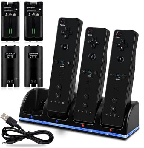 4-in-1 Charger Station for Wii&Wii U Remote Controller,with 4 Rechargeable Batteries(4 Port Charging Station+4 pcs 2800mah Replacement Battery Packs+USB Cable+Plug) Not Include Remote-Black