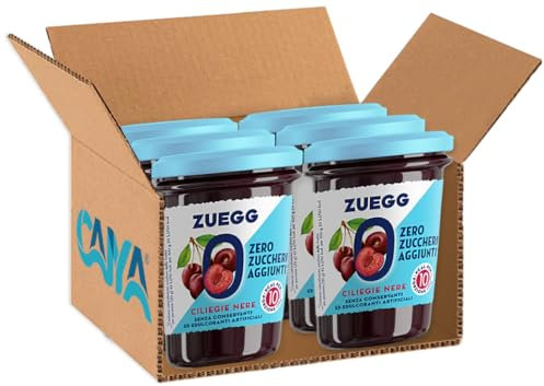 Confettura ZERO Ciliegie Nere, Marmellata Zero Zuccheri Aggiunti, Vegano e Senza Glutine, per zuegg 220g [BOX con 6 Vasetti]