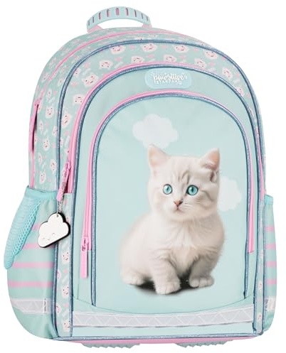 sarcia.eu Blauer Katzen-Schulrucksack mit Reflektoren, 3 Fächer, 23 l (Blaues Kätzchen)