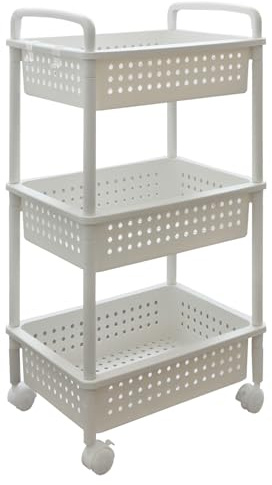ABBAware 3 Basket Trolley Cart, Rolling Storage Multi-Functional Cart with Reinforced Castors, Home Organizing, White