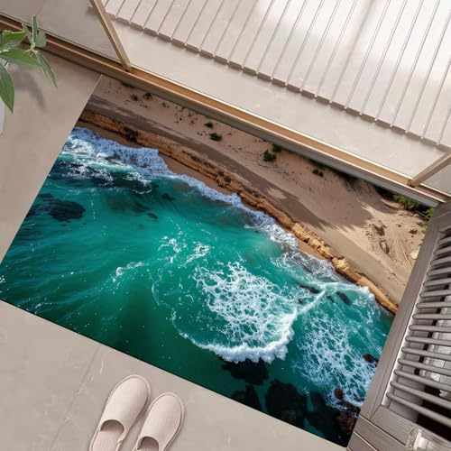 Strand Ozean Fußmatte - rutschfeste Schmutzfangmatte Türkis Für Innen, Fußabtreter Sommerwellen Für Flur, Eingangsbereich & Überdachten Außenbereich - 45 X 75 cm