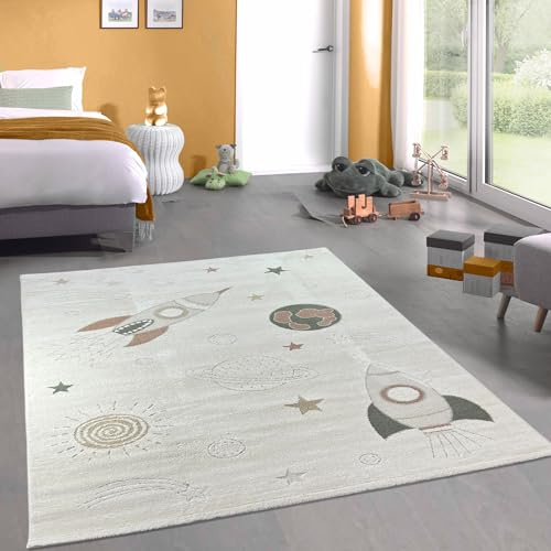 CARPETIA Kinderteppich Weltraum Raketen Planeten Creme Grau 140x200 cm | Weich, pflegeleicht, strapazierfähig und langlebig, OEKO-TEX geprüft, für Fußbodenheizung, Kinder-, Baby- & Krabbelzimmer