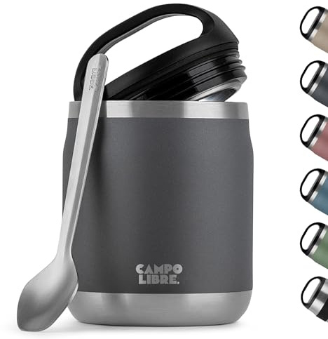 Campo Libre.® Lotta, Thermobehälter für Essen, Edelstahl Thermobecher Essen mit Löffel, Warmhaltebehälter Essen, Mueslicup oder Babybrei Warmhaltebox, Thermo-Essensbehälter, Grey, 600ml