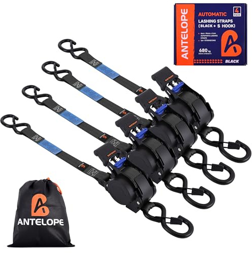 A ANTELOPE Automatik Spanngurt, Automatischer Spanngurtaufroller, 4 Stück | 3,6 m x 25mm, 340KG/680KG, Einziehbare Spanngurte mit Ratsche und S Haken für Motorrad, Kajak und LKW, Schwarz