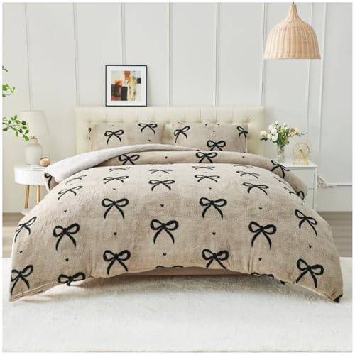 GC GAVENO CAVAILIA Luxury Fleece Duvet Cover - Bows Double Bedding Set - Soft, Warm Winter Teddy Duvet Set with Pillowcases - Easy Care Comforter Bed Linen Double - (200x200 cm), Natural/Black