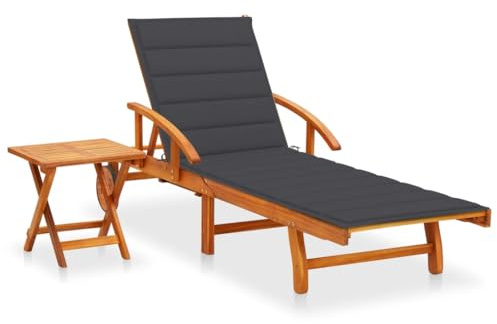 Frdhee Camping Liege Schlafsessel,Sonnenliege mit Tisch und Auflage Akazie Massivholz,Gartenliege für Balkon,Garten & Strand