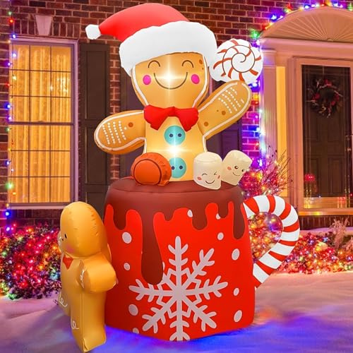 GVDV Aufblasbare Weihnachtsdeko 1,8 m Lebkuchenmann mit LED Beleuchtung, Wetterfeste Outdoor Weihnachtsfigur IP44 für Garten, Rasen, Hof & Innen