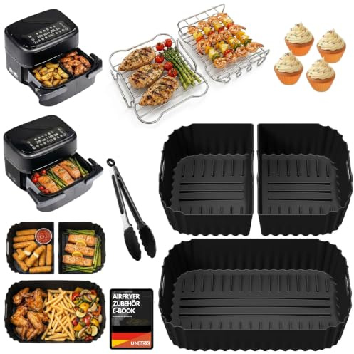 Accessori Friggitrice ad Aria per Philips Airfryer Dual Flexbasket 7,1L | 3 Stampi Silicone Riutilizzabili, Griglia Acciaio Inox, Compatibile NA154/00, Senza BPA