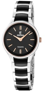 FESTINA Damenuhr Analog Edelstahlarmband Schwarz Ceramic F20752/7 | Quarz-Uhrwerk, Kratzfestes Mineralglas, 5 ATM Wasserdicht, Edelstahlarmband, Ceramic, Damenuhr, Armbanduhr Analog, F20752/7