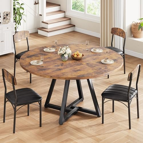 Esstisch Runder und 4 Esszimmerstühle Set, Essgruppe 5-Teilig, Küchentisch mit stabilem Metallgestell und 4 stühle, platzsparender Esszimmertisch aus Holz im Industrial Design (Vintage Braun, 120cm)